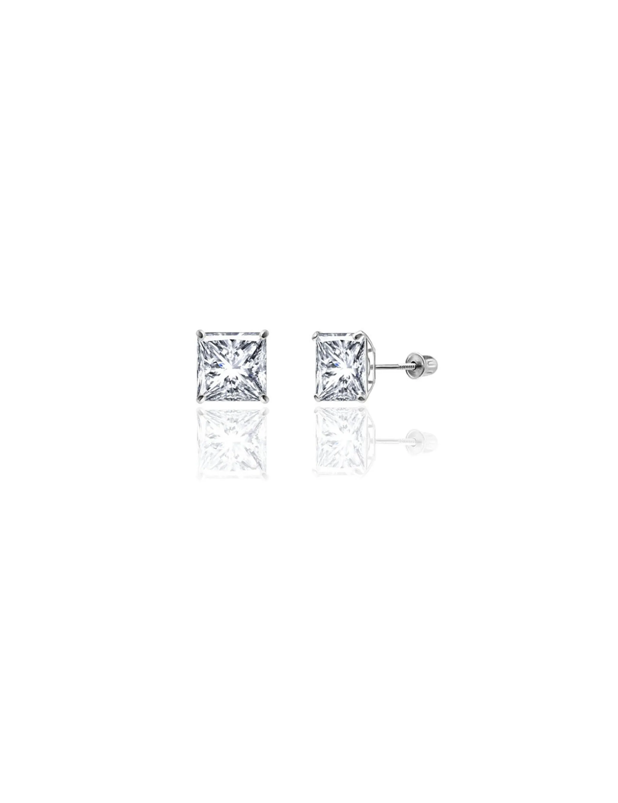 14K White Gold 7MM Square CZ Screwback Stud Earrings