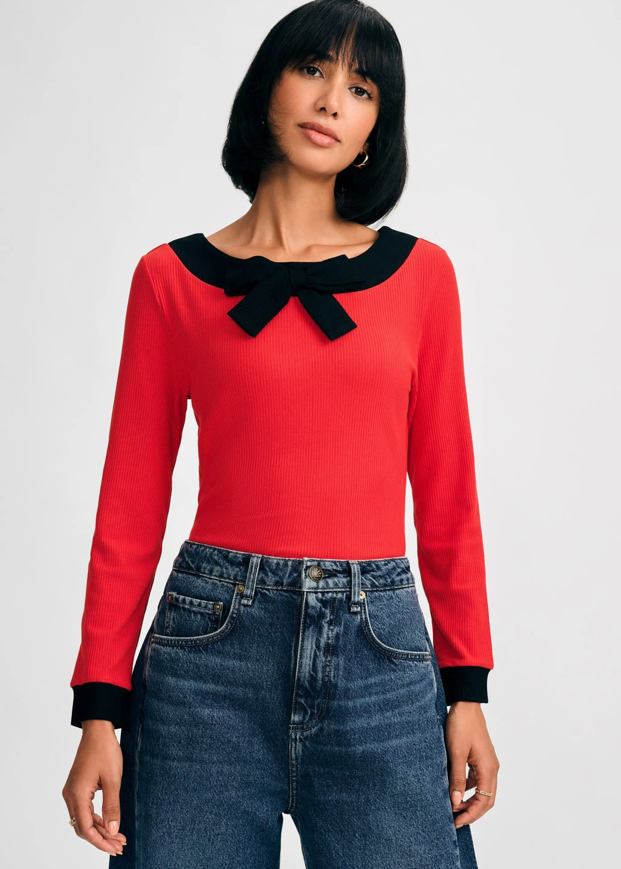 Long-Sleeved Knit Bow Top