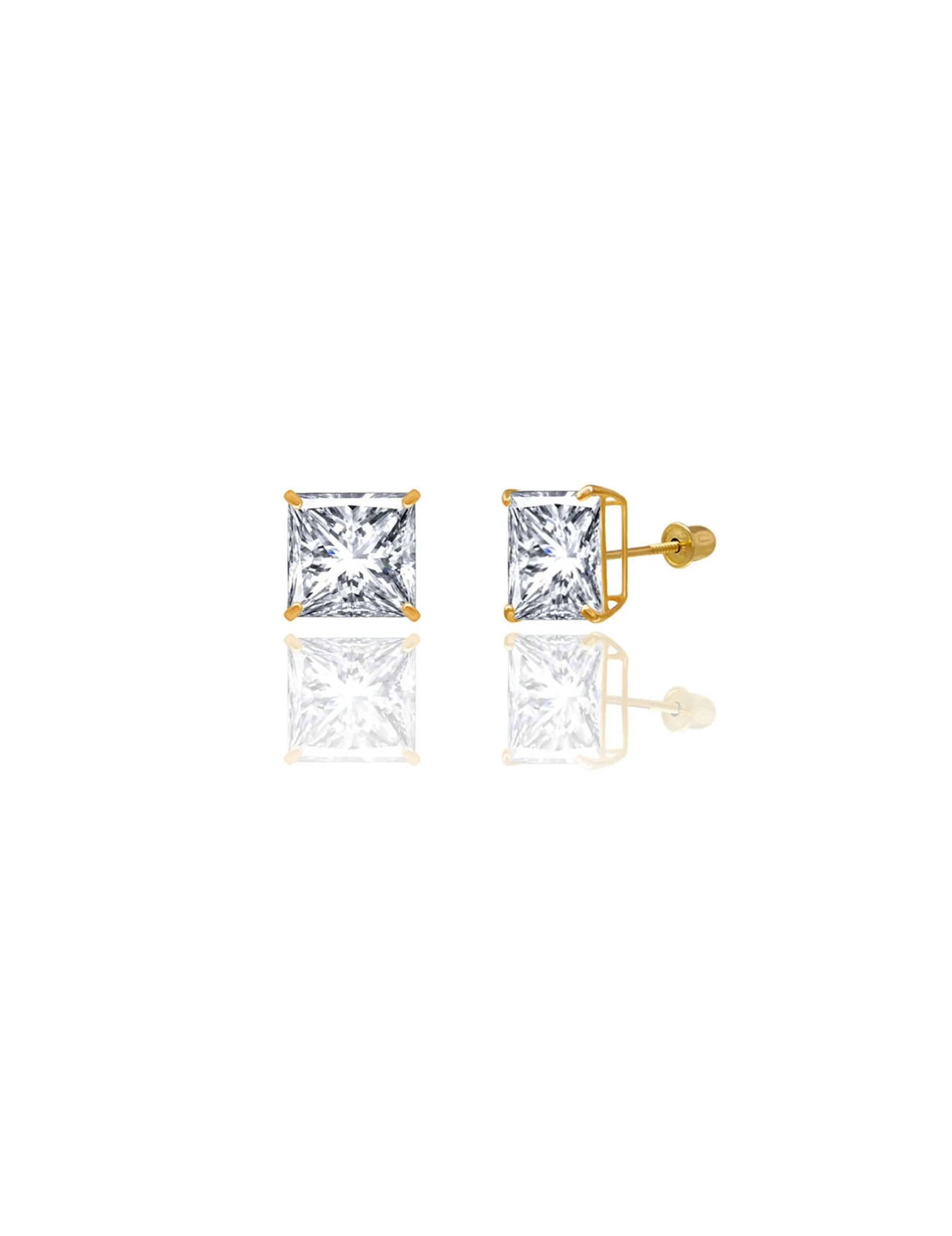 14K Yellow Gold 8MM Square CZ Screwback Stud Earrings
